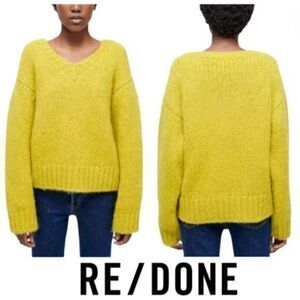 New Re/Done Re Done 50s V Neck Chunky Knit Pullover Sweater Chartreuse Small‎